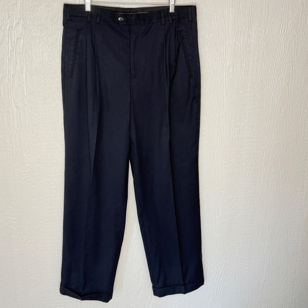 Navy Blue Pleated Cuffed Dress Pants Mens 36-42R Poly Rayon Blend Trousers